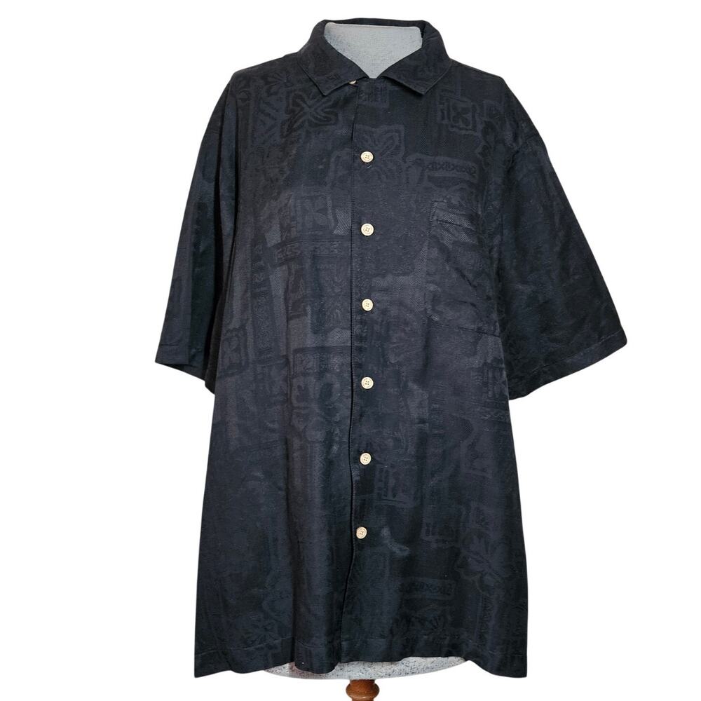 Pierre Cardin Black Hawaiian Silk Short Sleeve Button Down Size Large